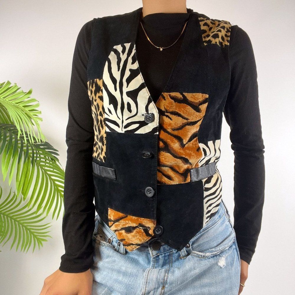Vintage 90s Grunge Black Indie Animal Print Patchwork Leather Vest / Small